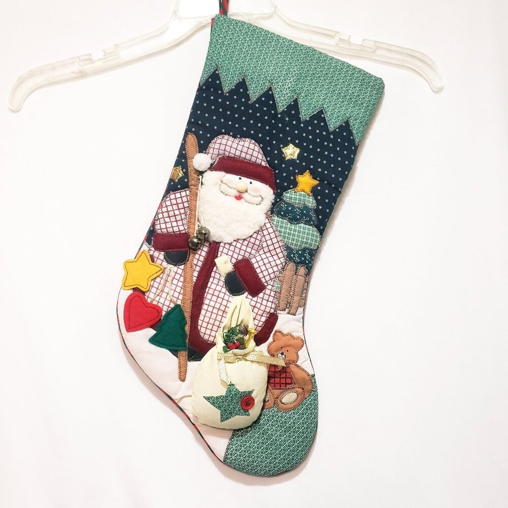 Santa Claus 3D Quilted Bag Toys Teddy Bear Jingle Bells Christmas Stocking 18"